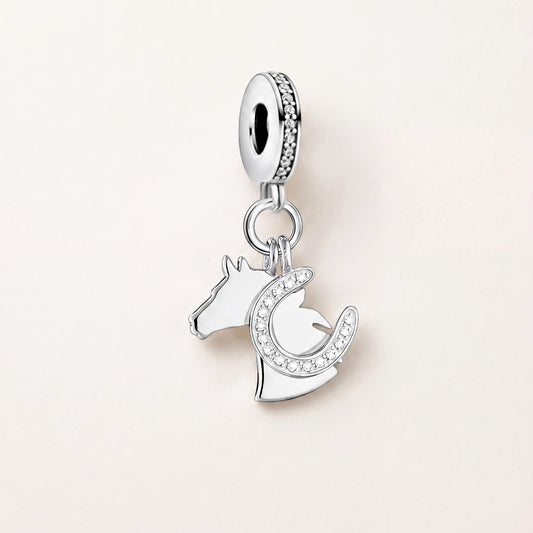 Pavé Horseshoe Horse Dangle in 925 sterling silver with sparkling stones, fits European-style charm bracelets