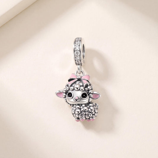 Pink Bow Lamb Charm in 925 sterling silver with pink and black enamel and sparkling stones