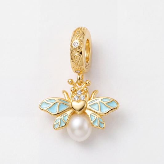 Enamel Bee Dangle Charm in 925 sterling silver with gold and blue enamel and sparkling stones