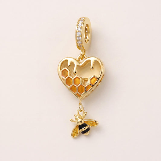 Honeycomb Bee Charm in 925 sterling silver with enamel and sparkling stones, fits European-style charm bracelets