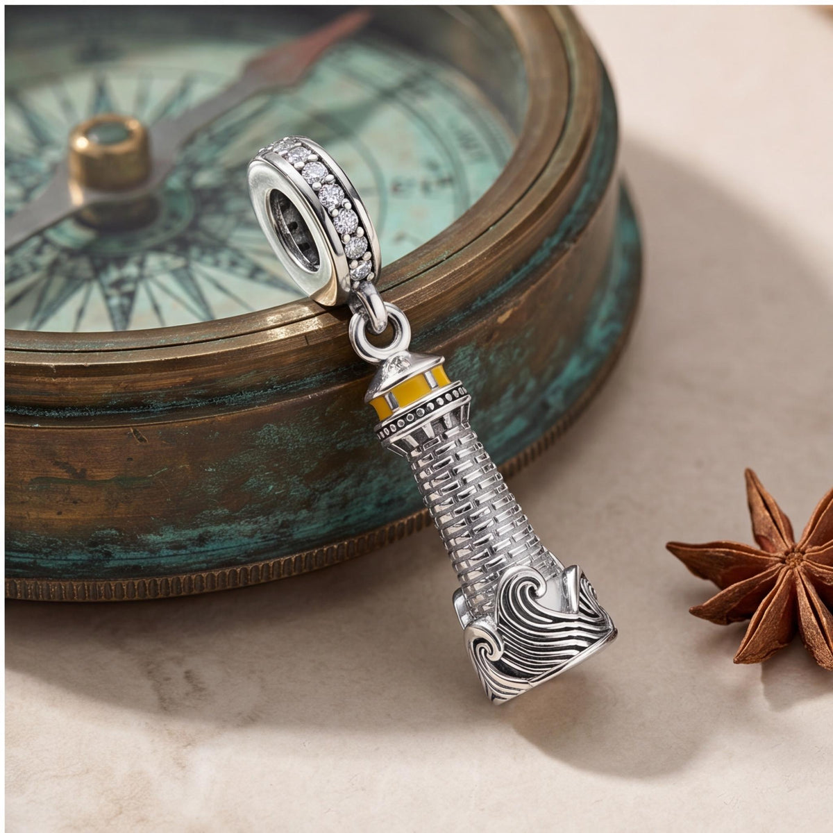 Lighthouse Dangle Charm on a silver charm bracelet