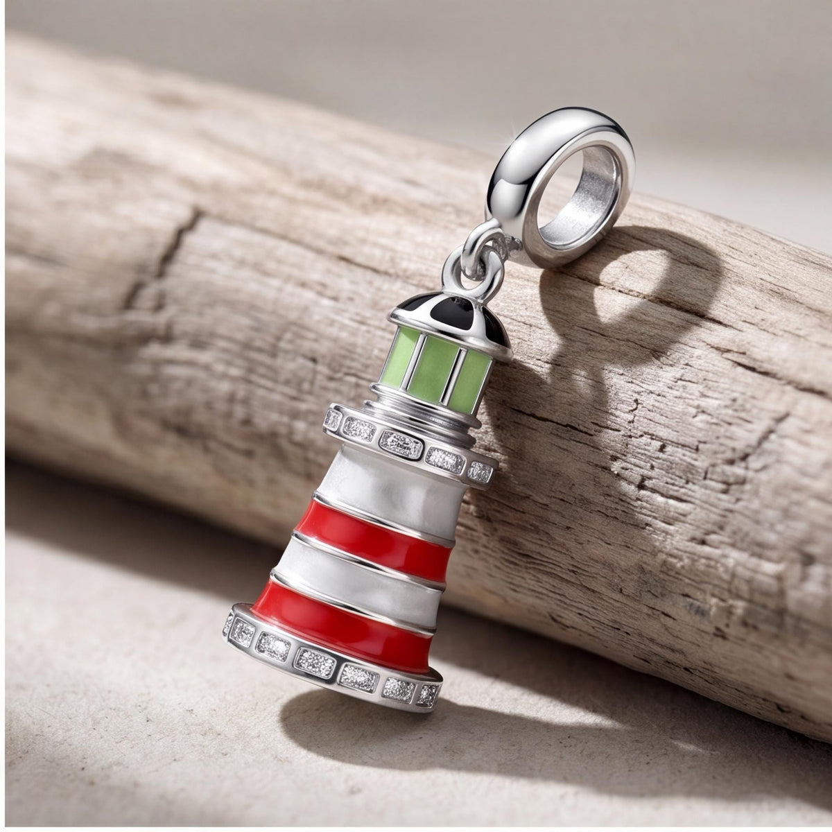 Red Enamel Lighthouse Dangle on a silver charm bracelet
