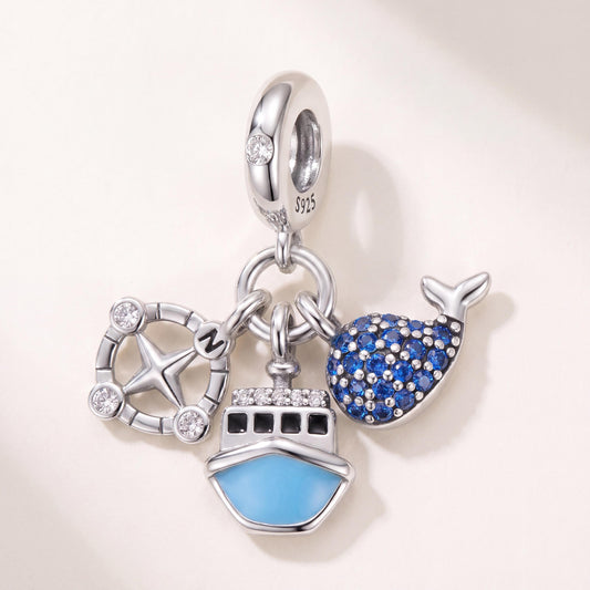 Nautical Ocean Dangle Charm in 925 sterling silver with blue enamel and sparkling stones, fits European-style charm bracelets
