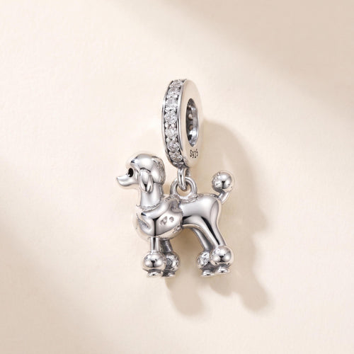 Poodle Dangle Charm in 925 sterling silver with sparkling stones, fits European-style charm bracelets