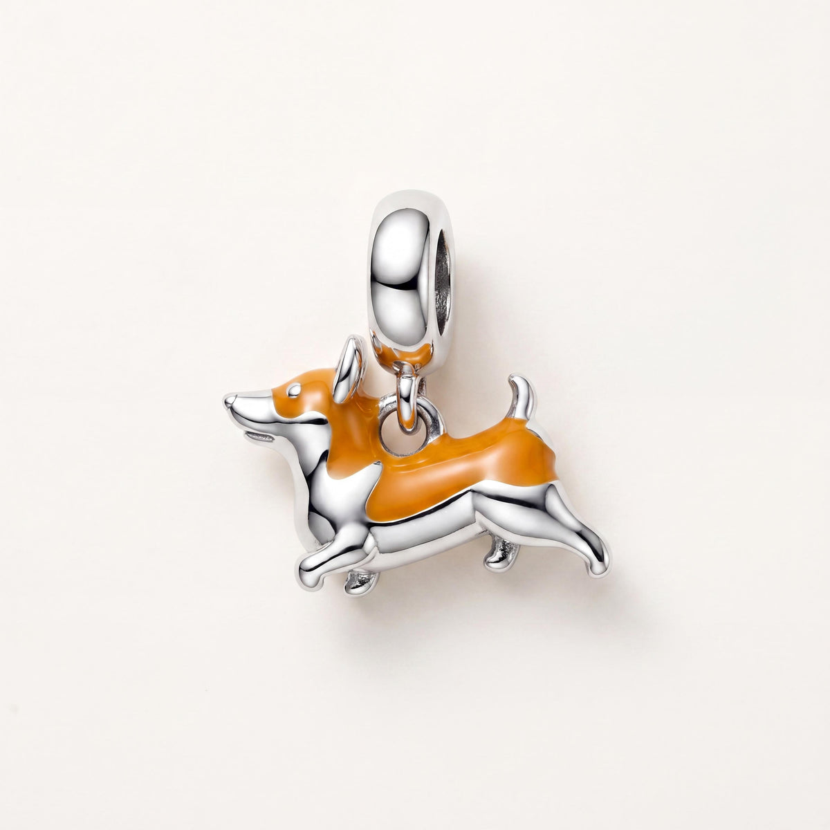 Corgi Dangle Charm in 925 sterling silver with orange enamel, fits European-style charm bracelets