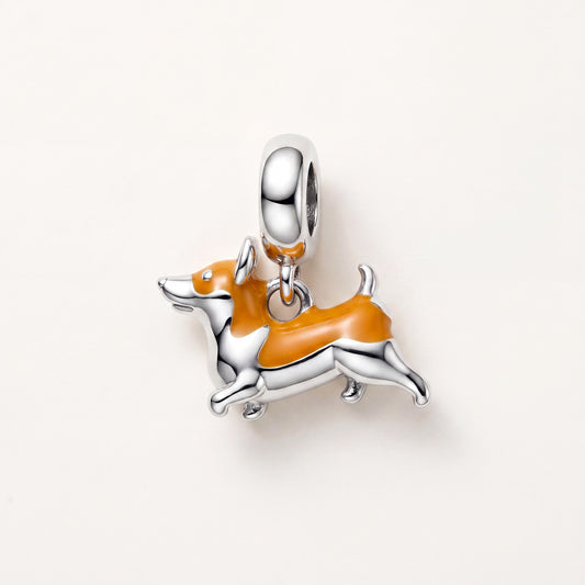Corgi Dangle Charm in 925 sterling silver with orange enamel, fits European-style charm bracelets
