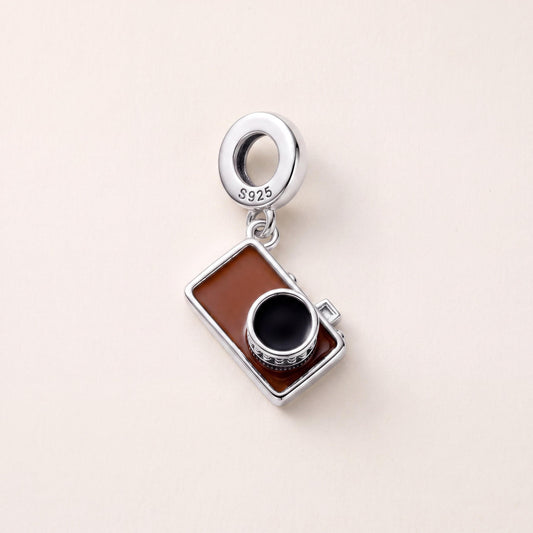 Retro Camera Charm in 925 sterling silver with black and orange enamel, fits European-style charm bracelets