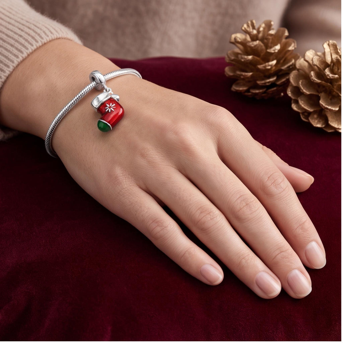 Christmas Stocking Charm close-up on a bracelet