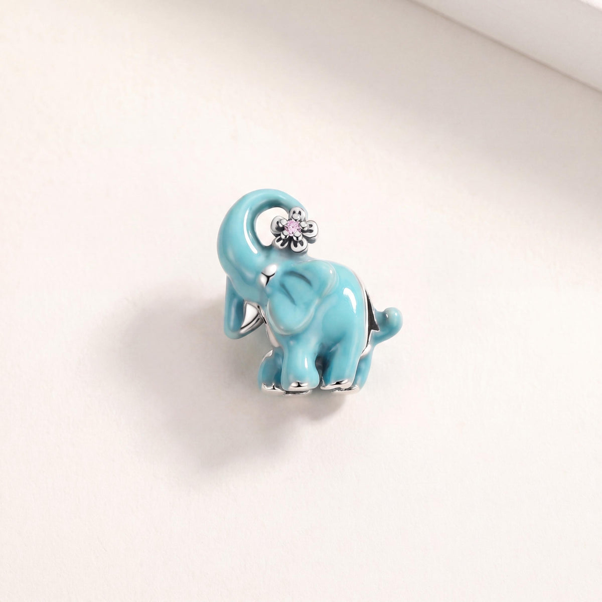 Blue Elephant Charm in 925 sterling silver with blue and pink enamel and sparkling stones