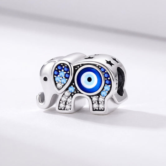 Evil Eye Elephant Bead in 925 sterling silver with blue enamel and sparkling stones, fits European-style charm bracelets