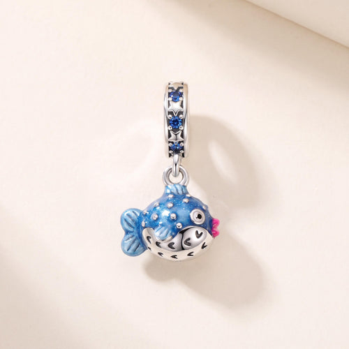 Puffer Fish Dangle Charm in 925 sterling silver with enamel and sparkling stones, fits European-style charm bracelets