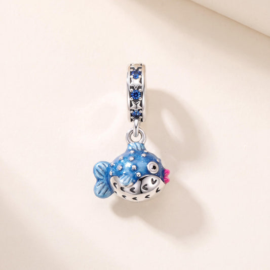 Puffer Fish Dangle Charm in 925 sterling silver with enamel and sparkling stones, fits European-style charm bracelets