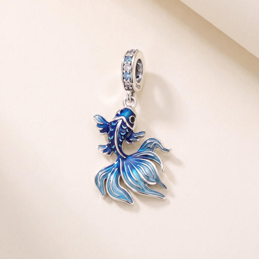 Blue Betta Fish Charm in 925 sterling silver with blue enamel and sparkling stones, fits European-style charm bracelets