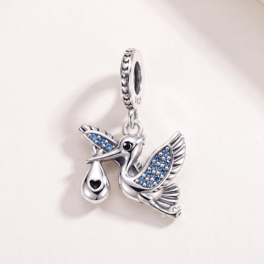 Stork Baby Dangle Charm in 925 sterling silver with sparkling stones, fits European-style charm bracelets
