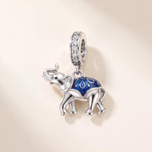 Blue Enamel Elephant Dangle in 925 sterling silver with blue and black enamel and sparkling stones