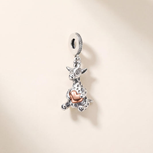 Baby Giraffe Pink Heart Charm in 925 sterling silver with rose gold and pink enamel and sparkling stones