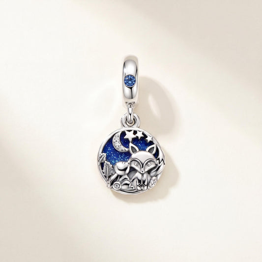 Fox Night Sky Charm in 925 sterling silver with blue enamel and sparkling stones, fits European-style charm bracelets