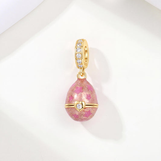 Pink Egg Locket Charm in 925 sterling silver with pink and gold enamel and sparkling stones