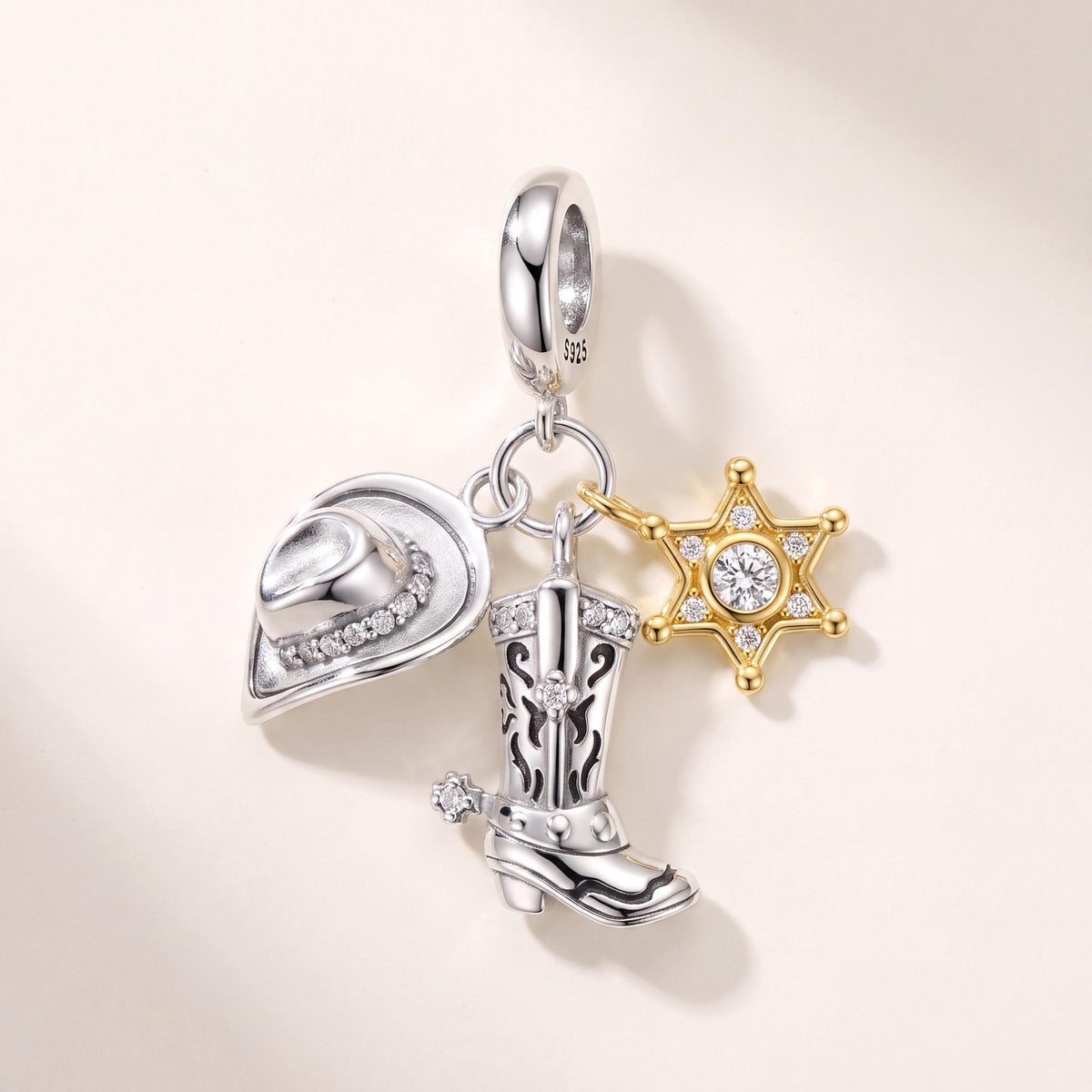 Cowboy Triple Dangle in 925 sterling silver with sparkling stones, fits European-style charm bracelets