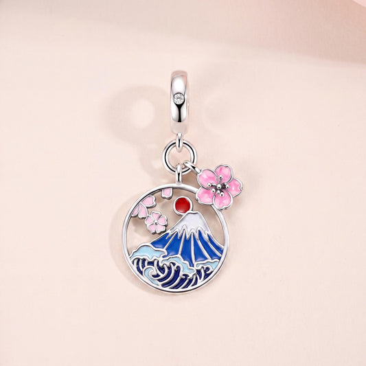 Mount Fuji Cherry Blossom Dangle in 925 sterling silver with enamel and sparkling stones, fits European-style charm bracelets