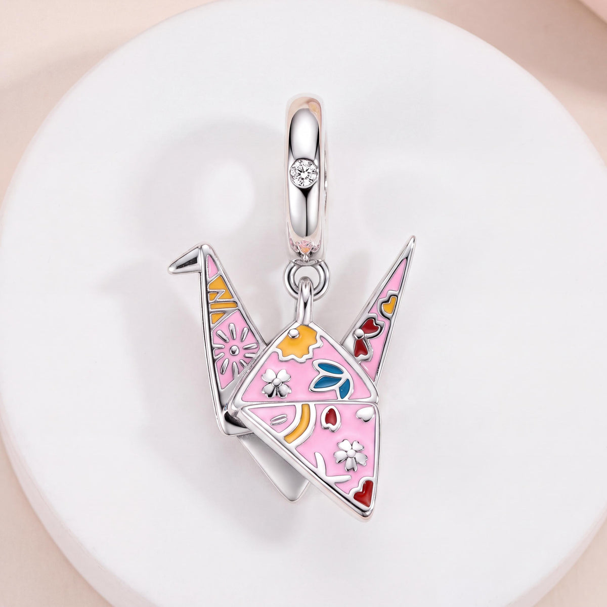 Origami Crane Dangle in 925 sterling silver with pink enamel and sparkling stones, fits European-style charm bracelets