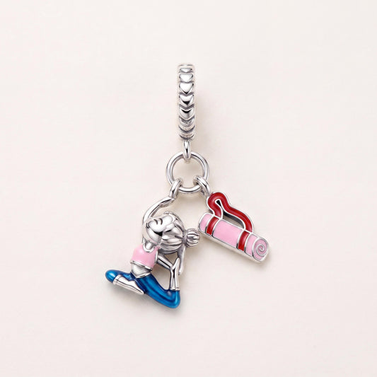 Yoga Girl Dangle Charm in 925 sterling silver with pink and blue enamel, fits European-style charm bracelets