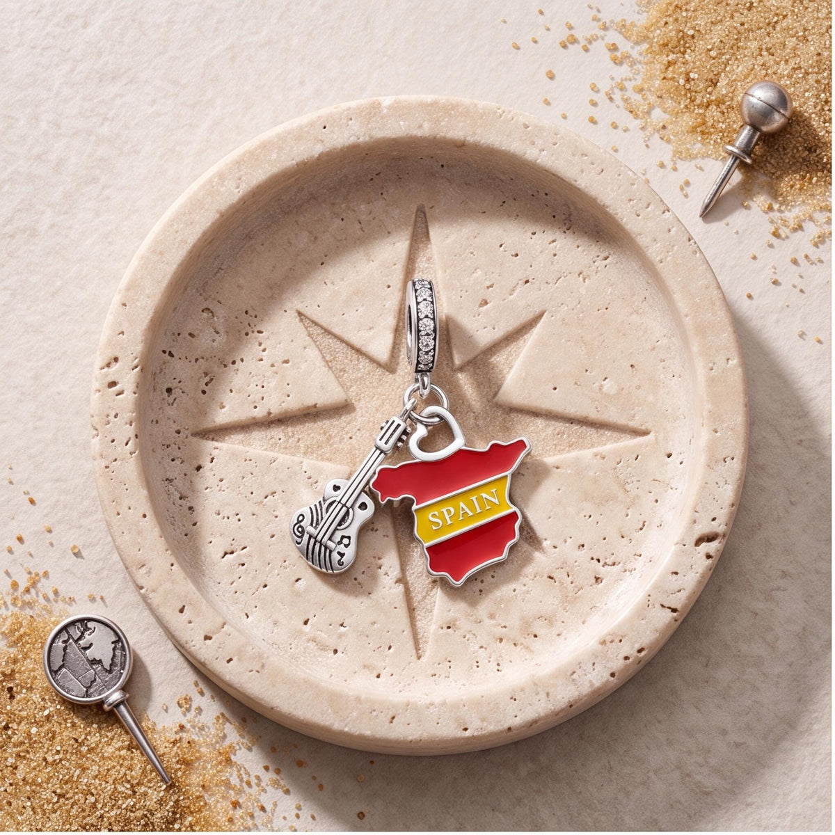 Spain Map Guitar Dangle on a bracelet with other charms