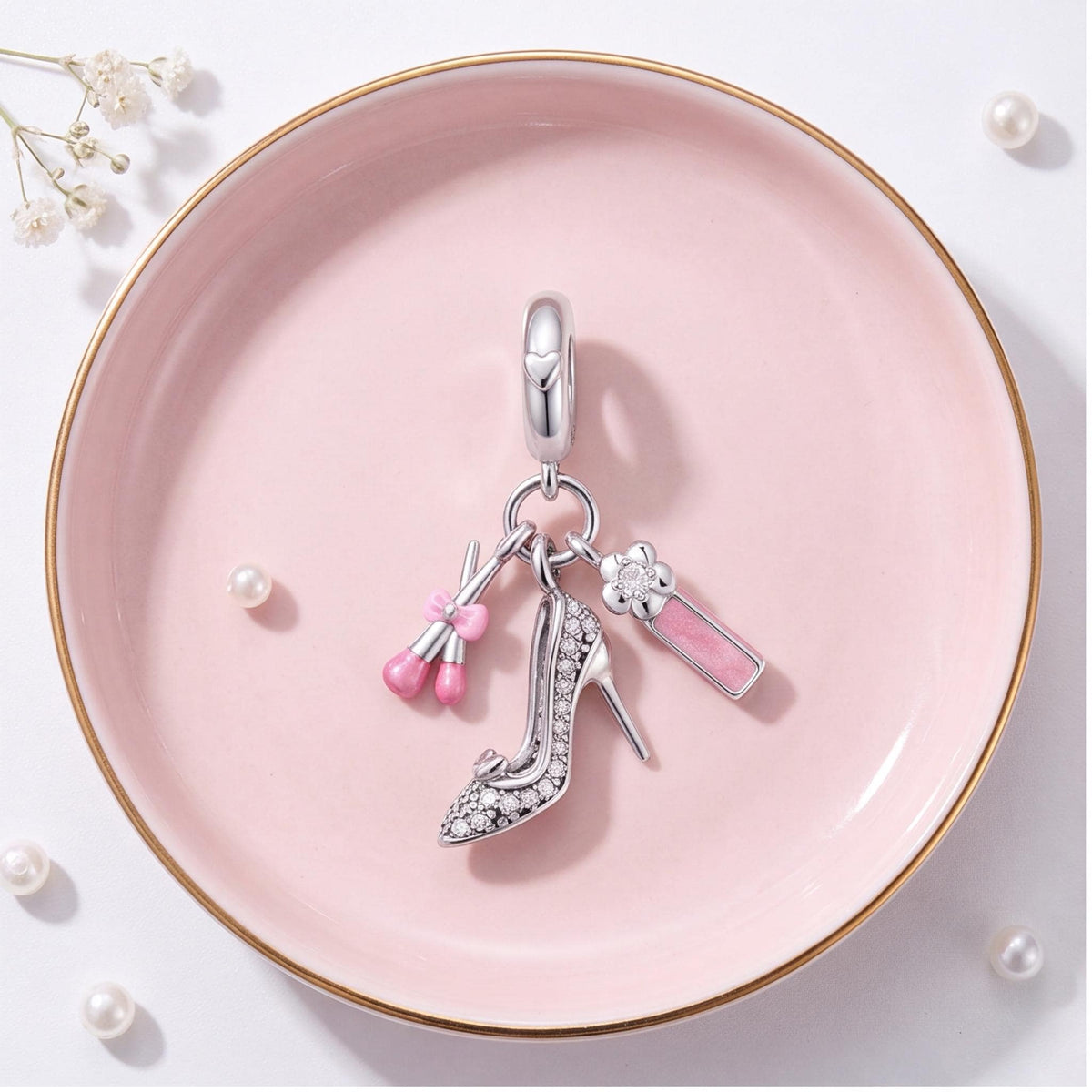 Glam Makeup Dangle Charm on a bracelet with other charms