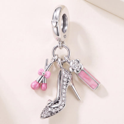 Glam Makeup Dangle Charm in 925 sterling silver with pink enamel and sparkling stones, fits European-style charm bracelets