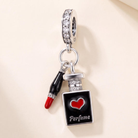 Lipstick Perfume Charm in 925 sterling silver with red and black enamel and sparkling stones