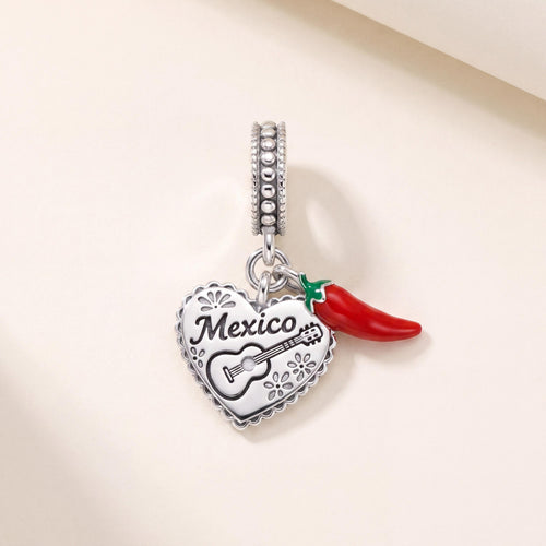 Mexico Heart Dangle in 925 sterling silver with enamel, fits European-style charm bracelets