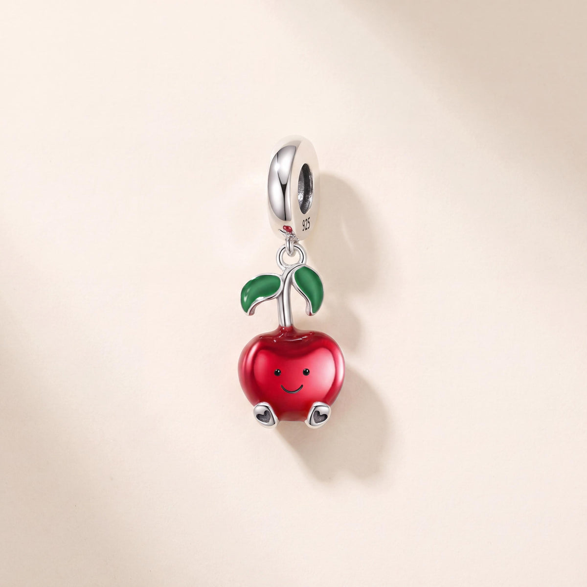 Smiley Apple Dangle Charm in 925 sterling silver with red and green enamel, fits European-style charm bracelets