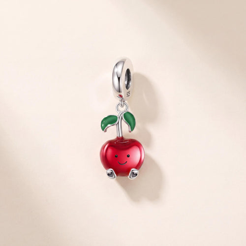 Smiley Apple Dangle Charm in 925 sterling silver with red and green enamel, fits European-style charm bracelets