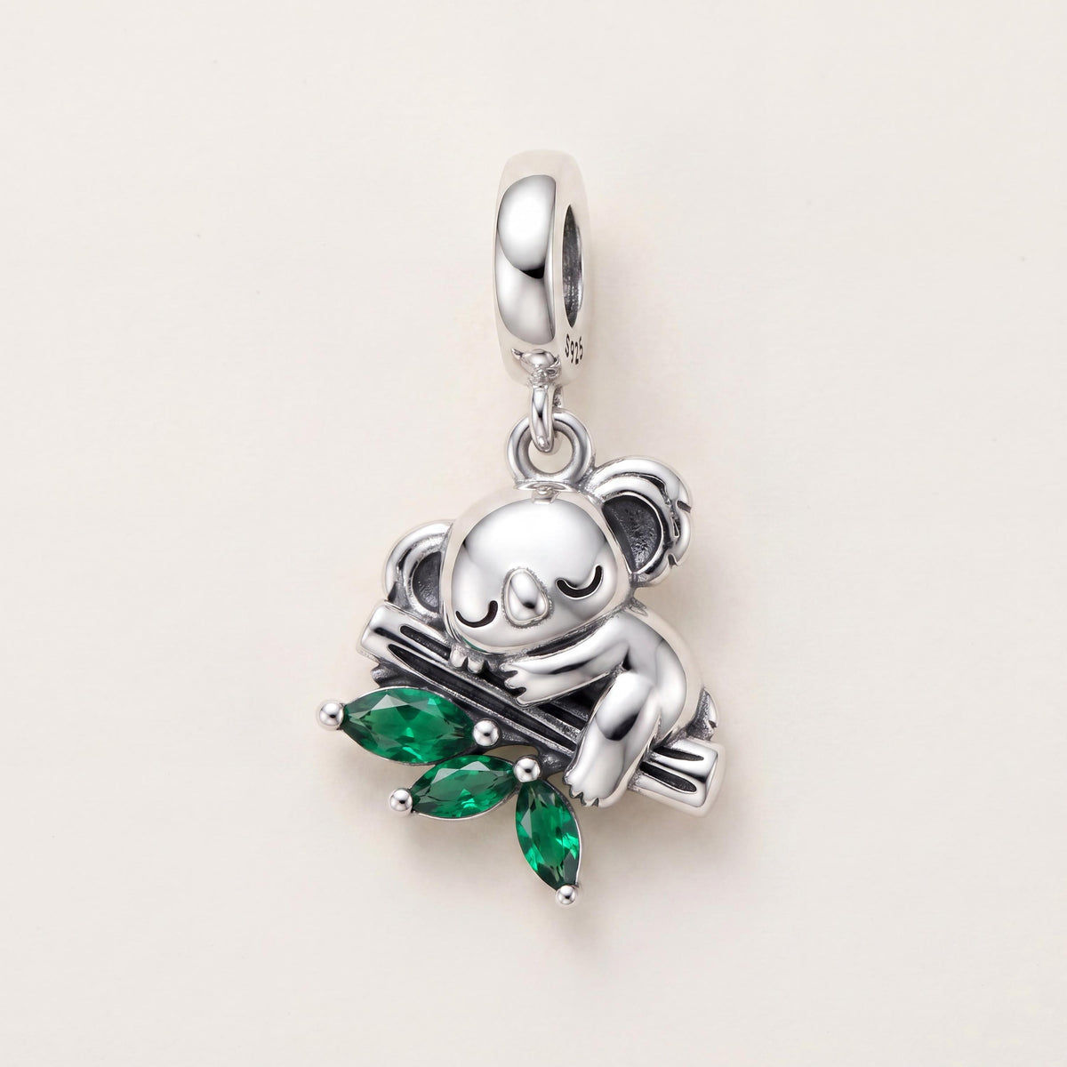Koala Dangle Charm in 925 sterling silver with green enamel and sparkling stones, fits European-style charm bracelets