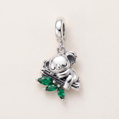Koala Dangle Charm in 925 sterling silver with green enamel and sparkling stones, fits European-style charm bracelets
