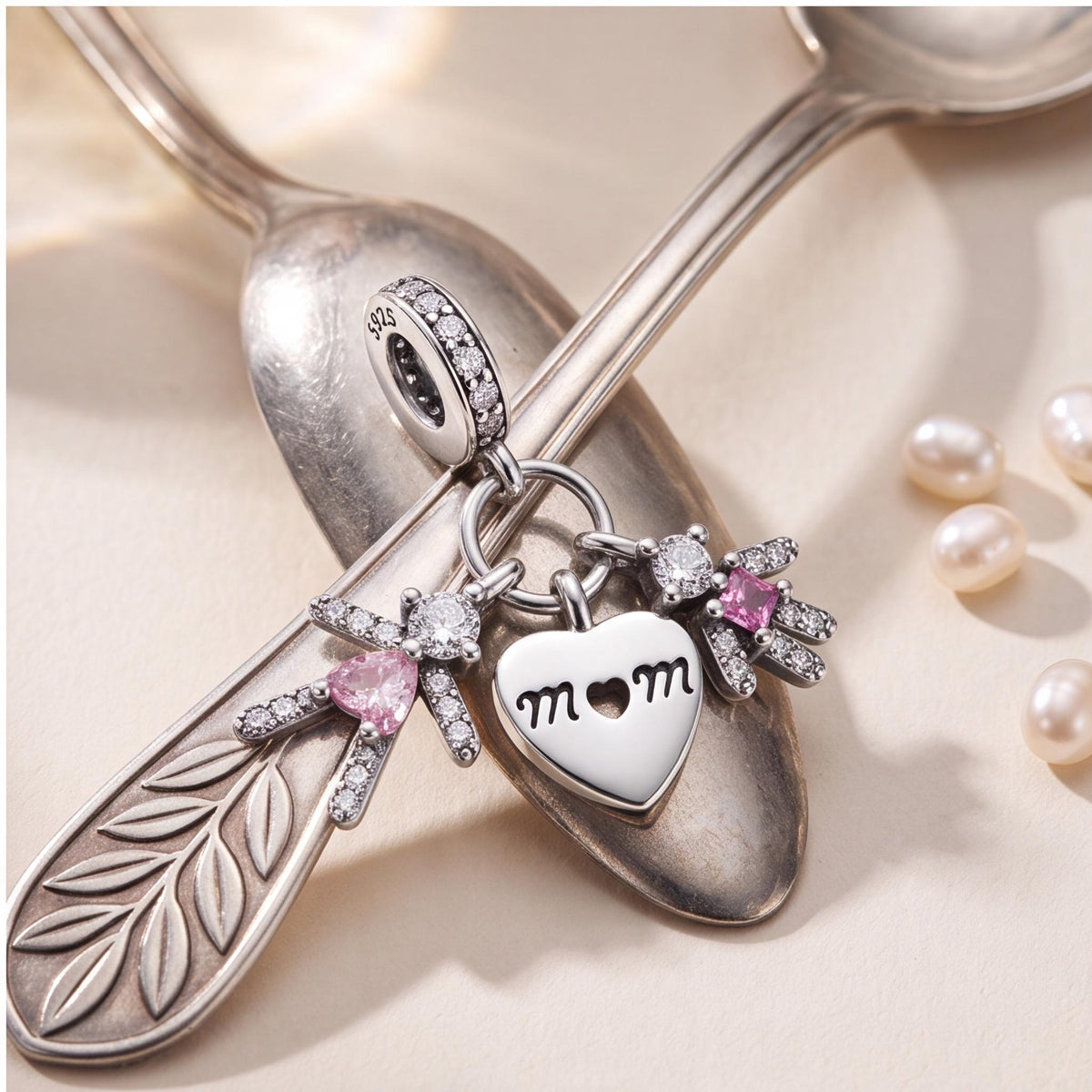 Mom Heart Kids Dangle Charm on a bracelet with other charms