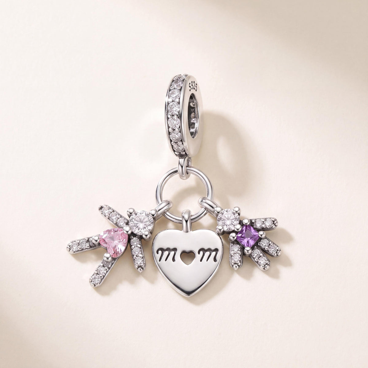 Mom Heart Kids Dangle Charm in 925 sterling silver with sparkling stones, fits European-style charm bracelets