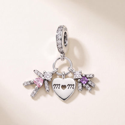 Mom Heart Kids Dangle Charm in 925 sterling silver with sparkling stones, fits European-style charm bracelets