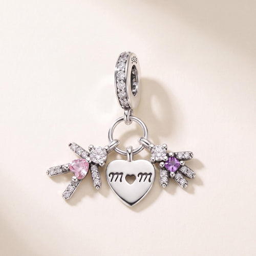 Mom Heart Kids Dangle Charm in 925 sterling silver with sparkling stones, fits European-style charm bracelets