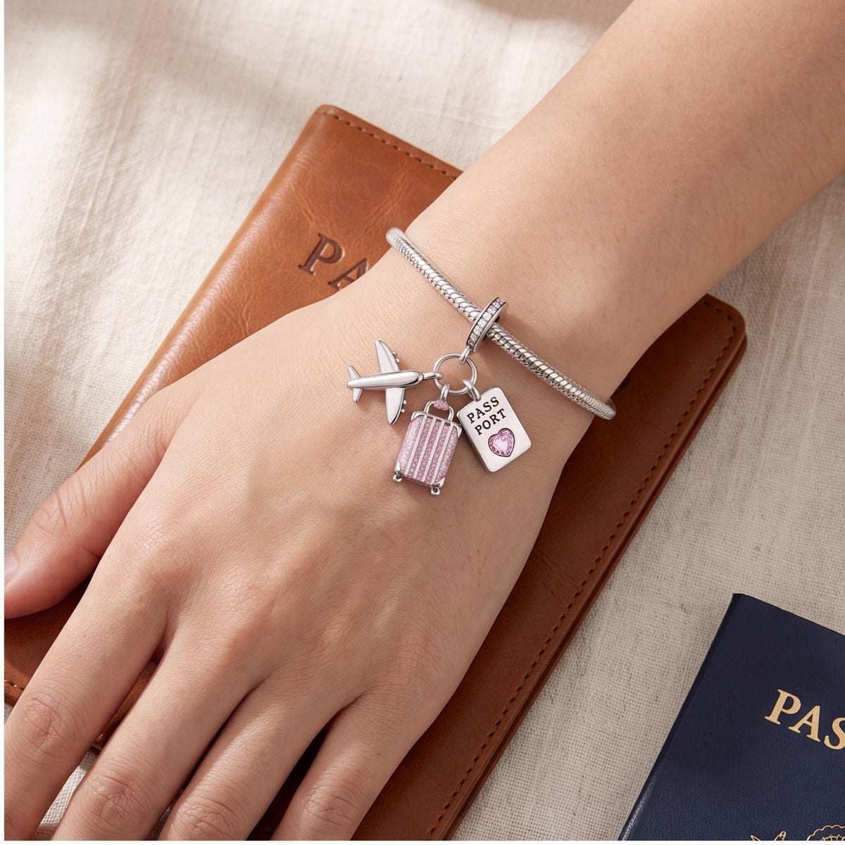World Traveller Dangle close-up on a bracelet