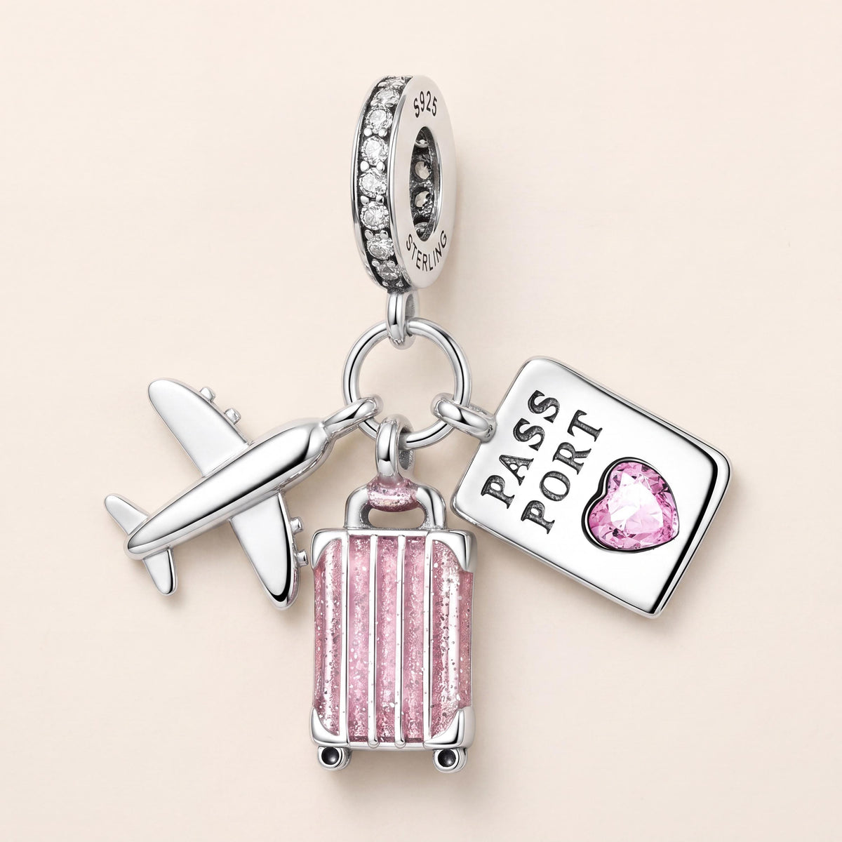 World Traveller Dangle in 925 sterling silver with pink enamel and sparkling stones, fits European-style charm bracelets