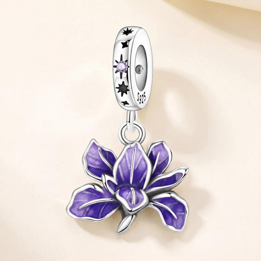 Purple Orchid Dangle Charm in 925 sterling silver with purple enamel and sparkling stones