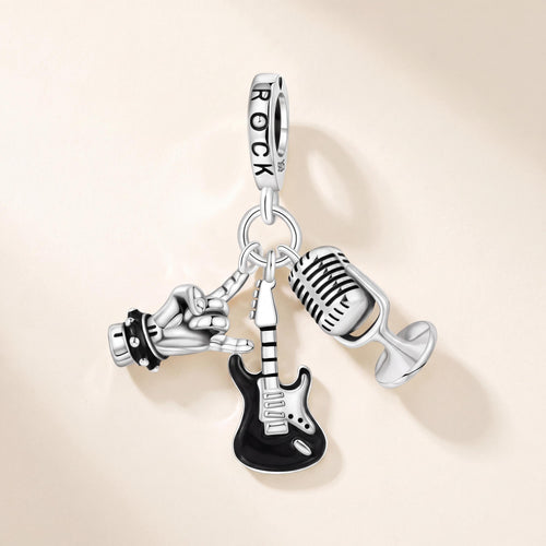 Rock Music Dangle in 925 sterling silver with black enamel, fits European-style charm bracelets