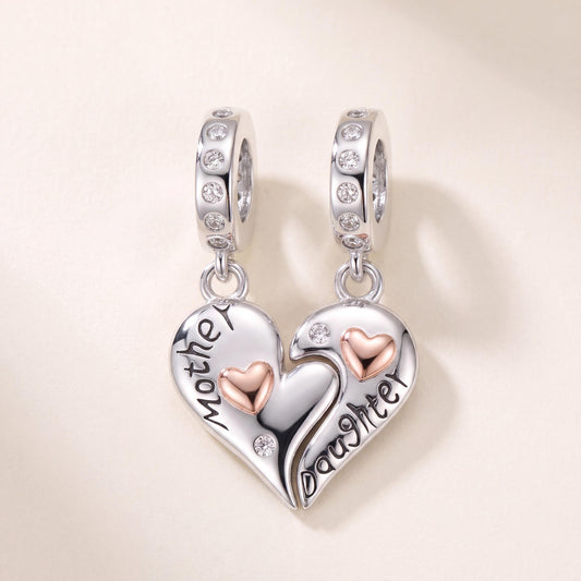 Mother Daughter Split Heart Dangle in 925 sterling silver with sparkling stones, fits European-style charm bracelets