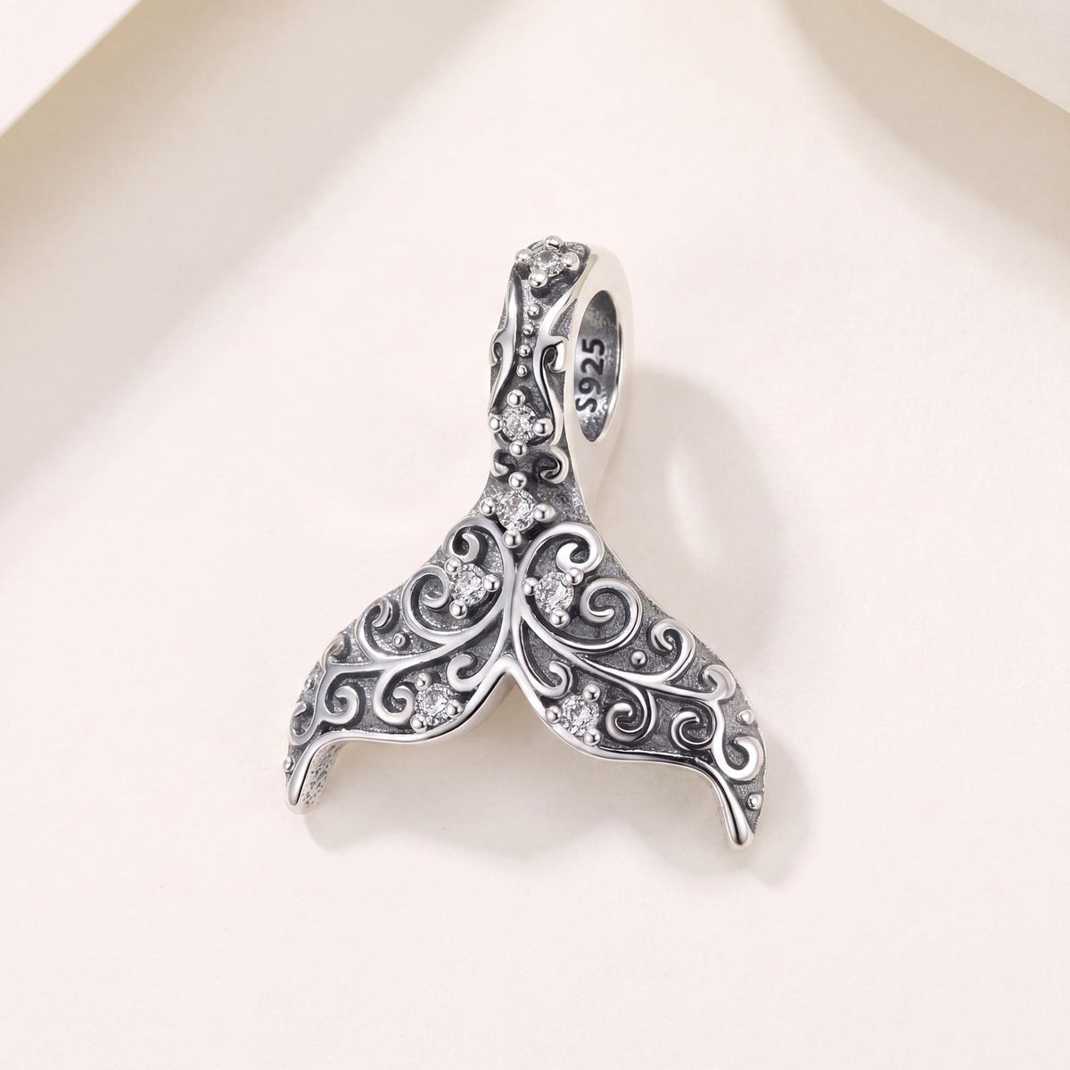 Whale Tail Charm in 925 sterling silver with sparkling stones, fits European-style charm bracelets