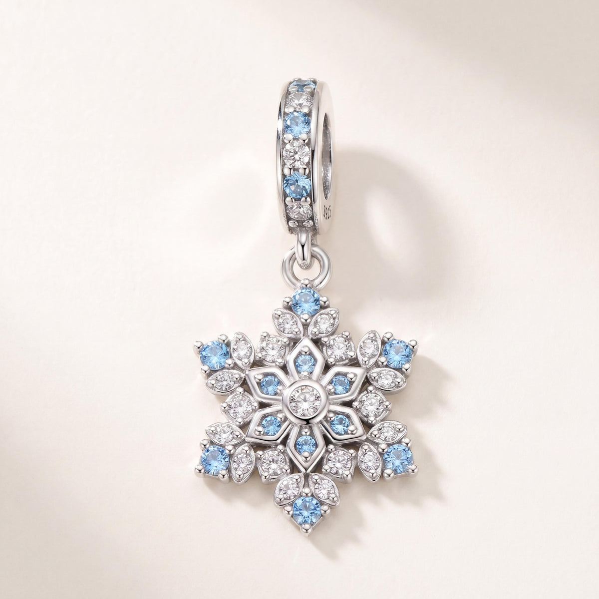 Blue Snowflake Dangle Charm in 925 sterling silver with sparkling stones, fits European-style charm bracelets
