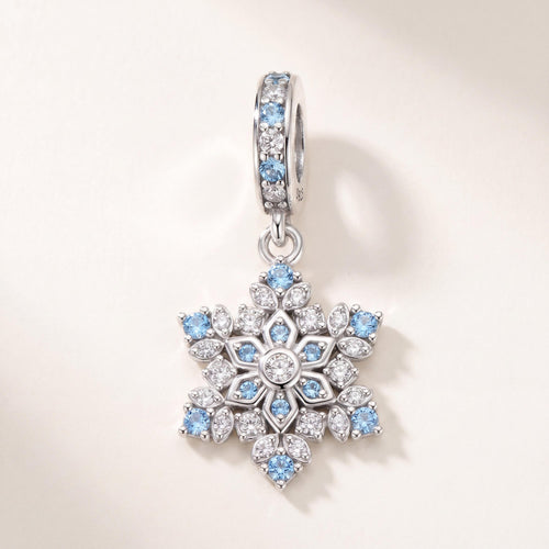Blue Snowflake Dangle Charm in 925 sterling silver with sparkling stones, fits European-style charm bracelets