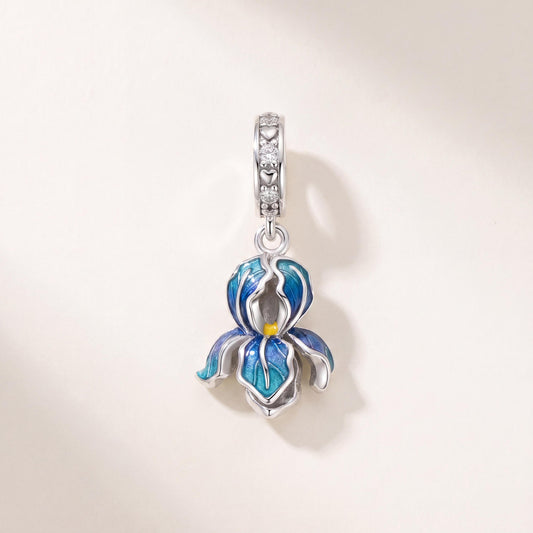 Blue Iris Flower Charm in 925 sterling silver with blue and yellow enamel and sparkling stones