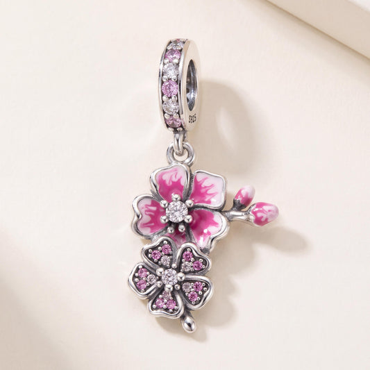 Cherry Blossom Dangle Charm in 925 sterling silver with pink enamel and sparkling stones, fits European-style charm bracelets