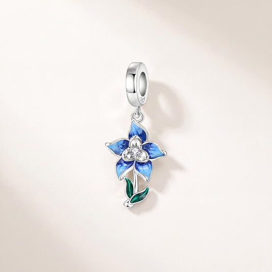 Blue Iris Charm in 925 sterling silver with blue and yellow enamel and sparkling stones, fits European-style charm bracelets